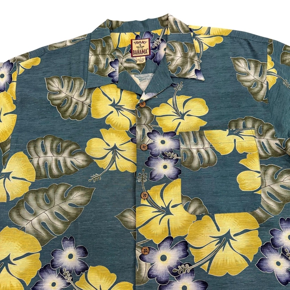 Tommy Bahama Hawaiian Shirt Mens Large Green Yellow Silk Floral Aloha Beach